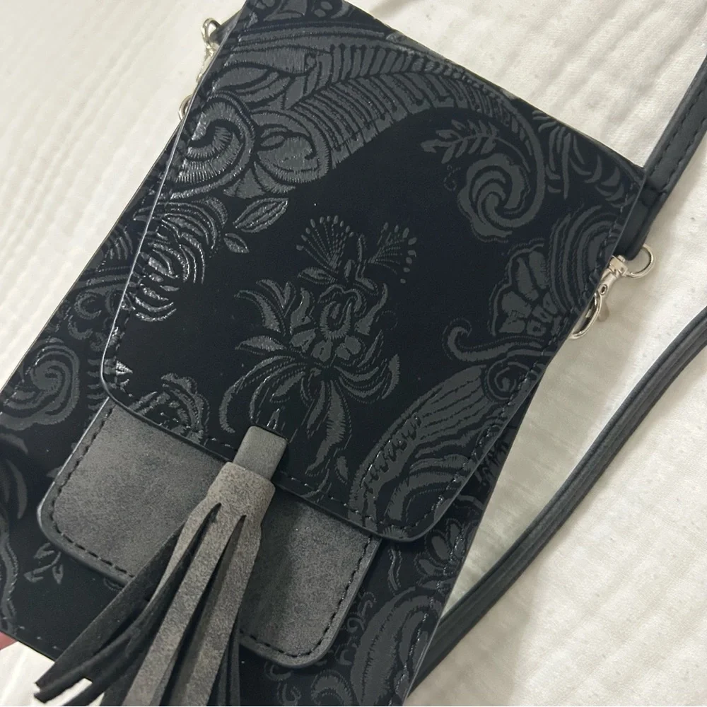 Harper crossbody black tassel phone pouch cardholder